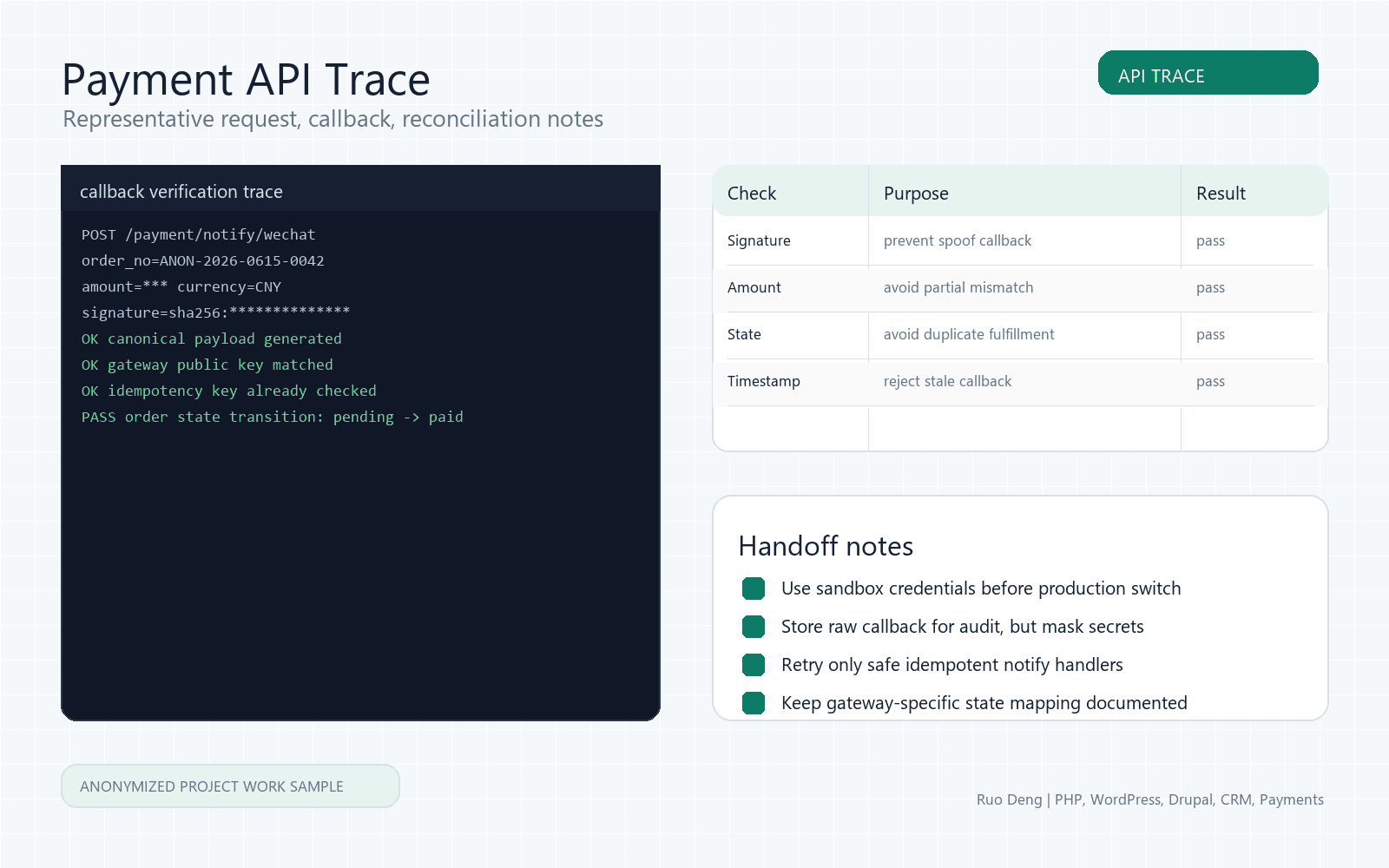 Anonymized payment API trace and handoff notes